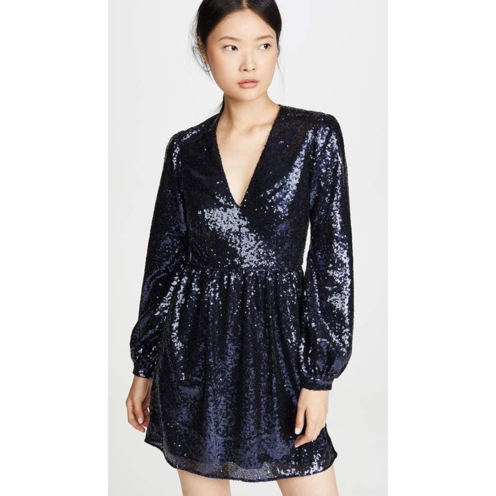 SALONI Camille Mini Dress Blue Sequin Sz 4 Puff Sleeve V Neck Cocktail Chic Sexy